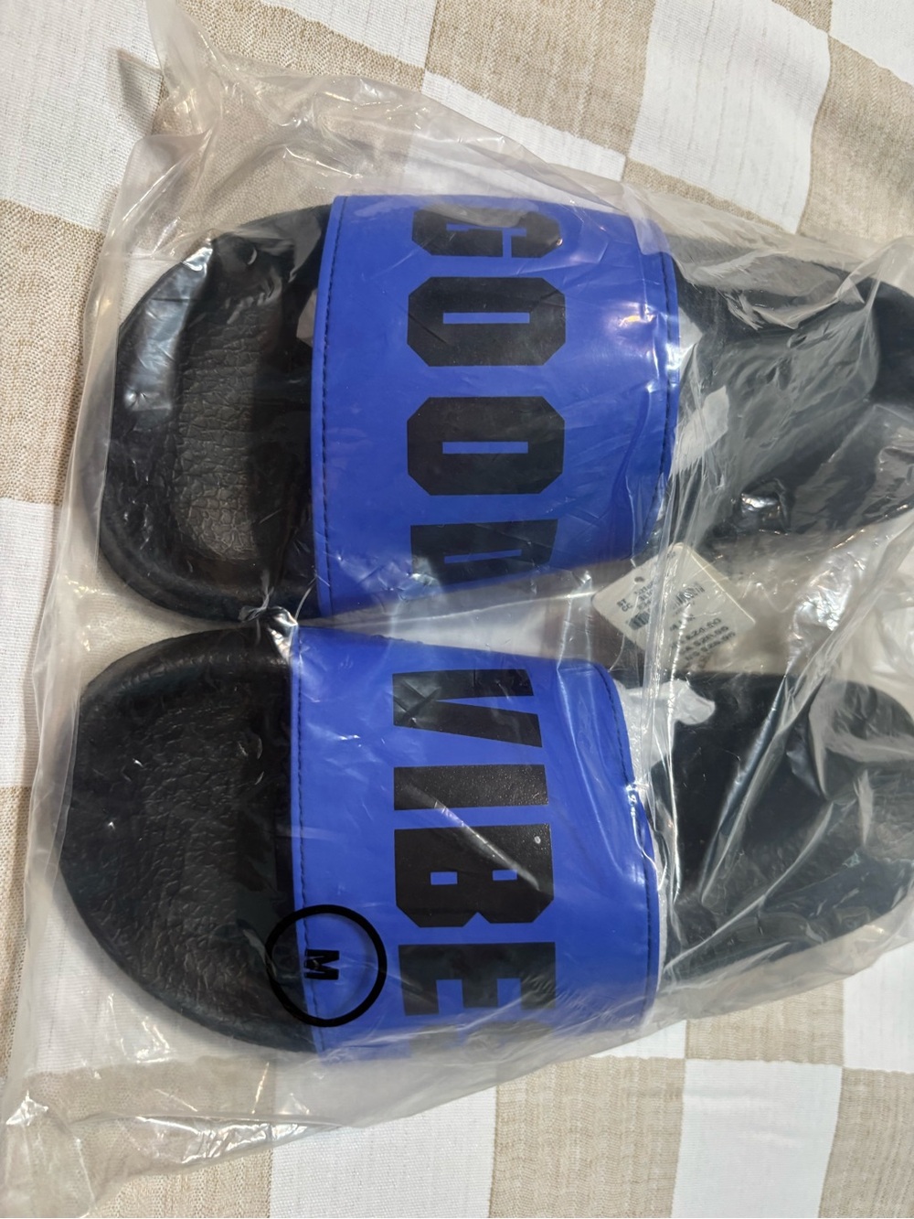Blue 'GOOD VIBE' Slide Sandals